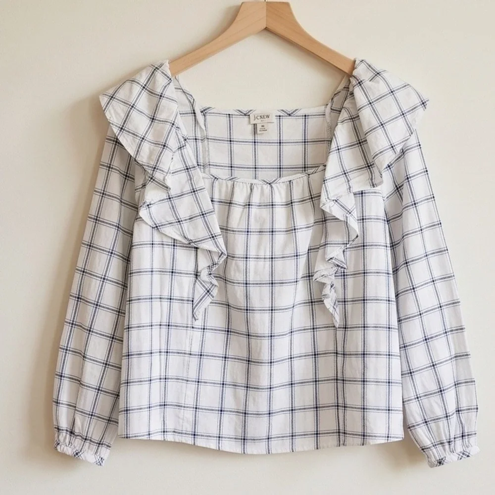 J. Crew M Re-Imagined Plaid Flannel Ruffle Square Neck Top White Medium NWT